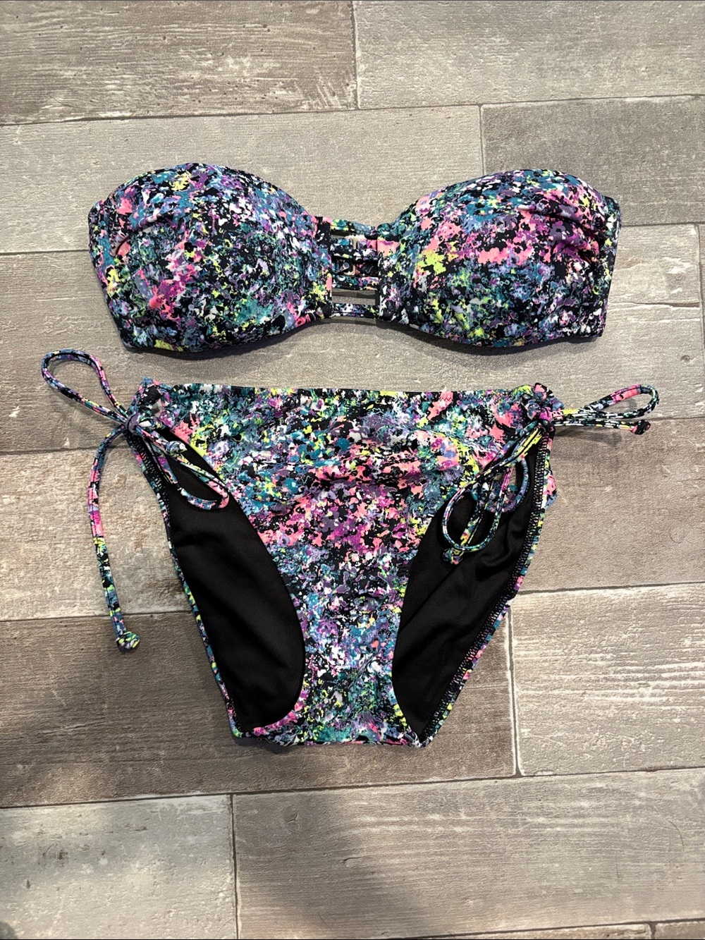 Victoria's Secret Black Multicolor Print Bandeau Bikini Set